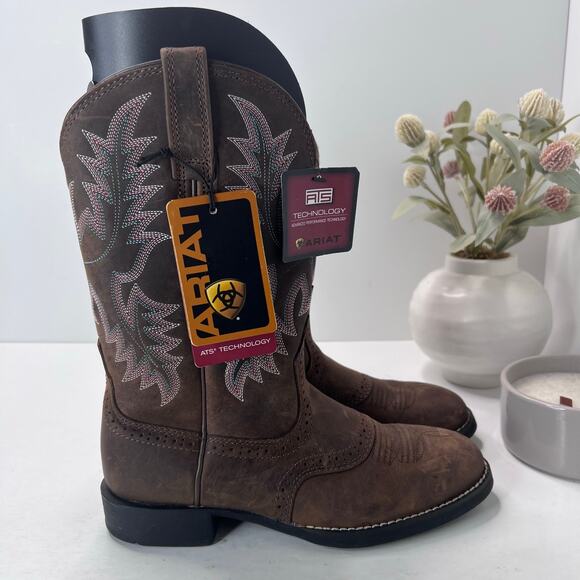 Ariat Heritage Stockman Western Boot Leather Embroider Brown Women 6.5B Tried On - Picture 3 of 8